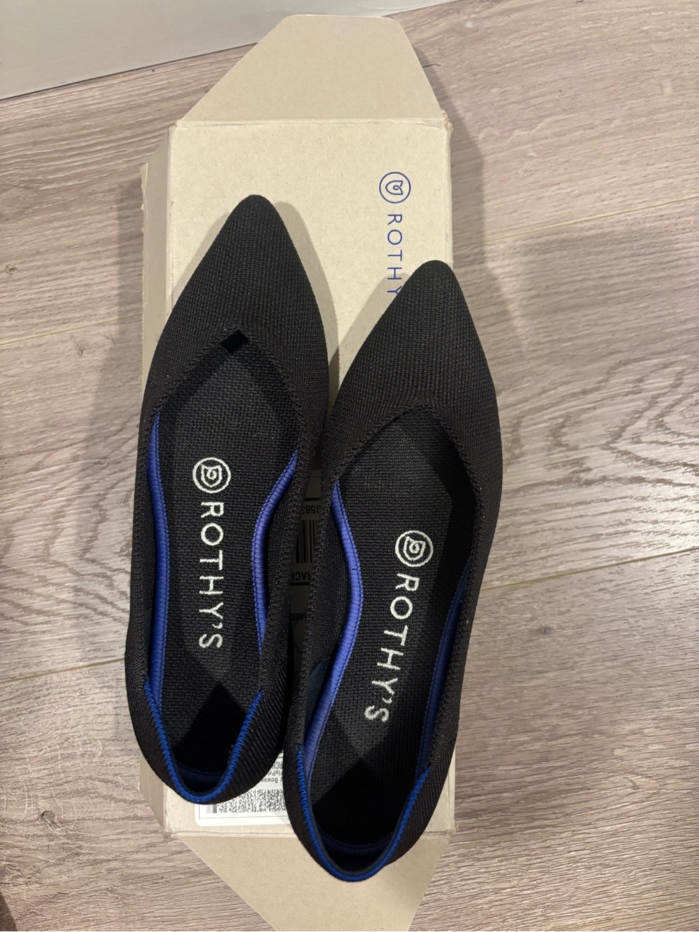 Rothy's Black Pointed Knit Flats with Blue Trim